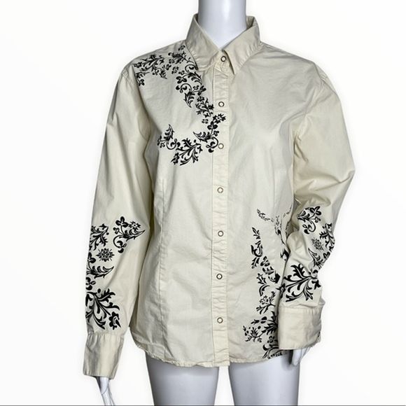 Disney Tops - Disney Store Shirt Womens Large Ivory Black Floral Western Button Up Tinkerbell